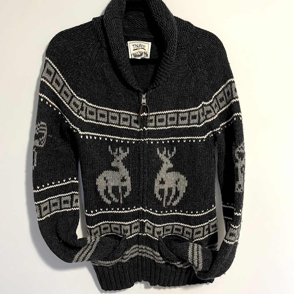 TNA: Cozy Black and Gray Zip Shawl Collar Sweater with Reindeer Motif. Sz L. - Picture 2 of 8